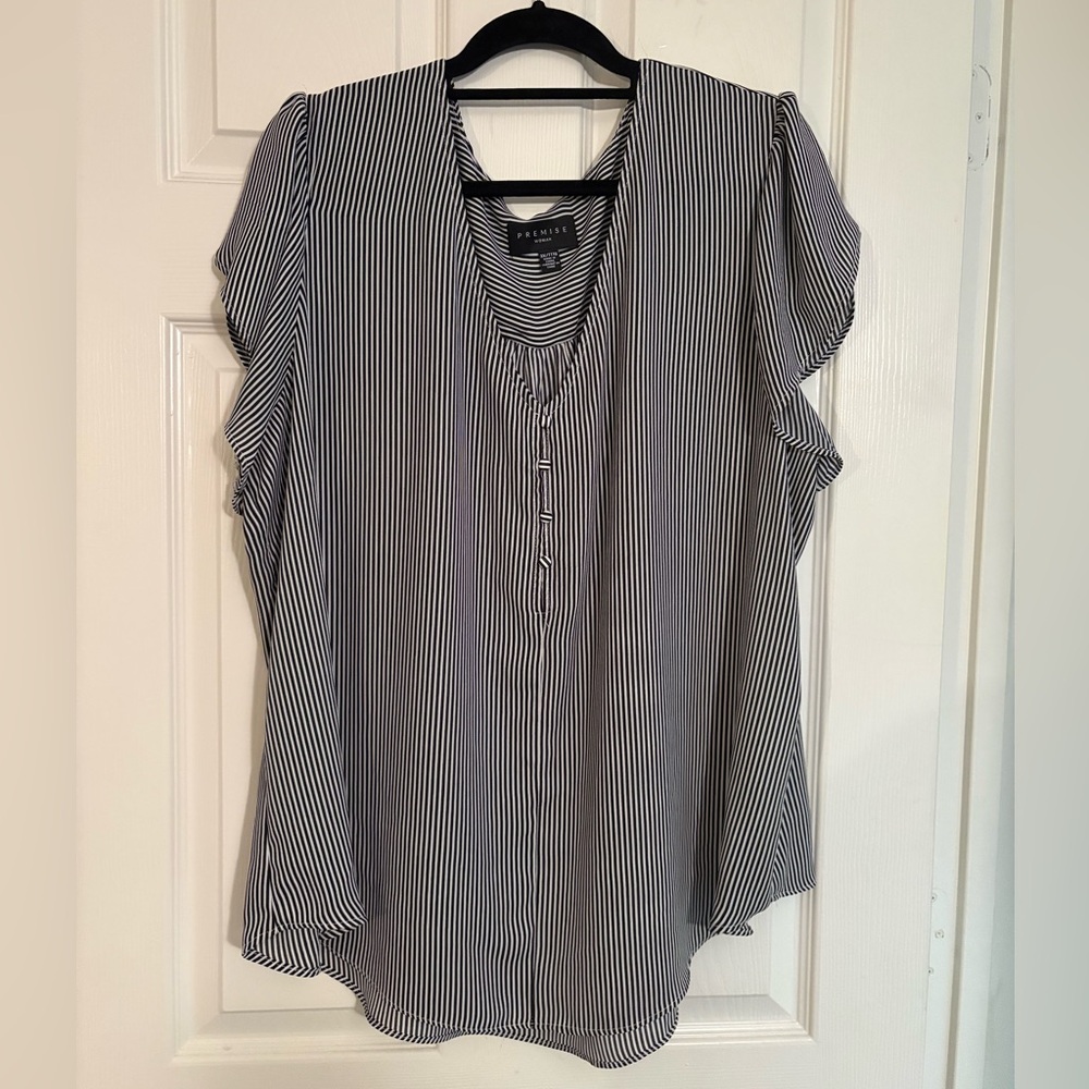 Premise Black and White Vertical Stripe V-Neck Blouse